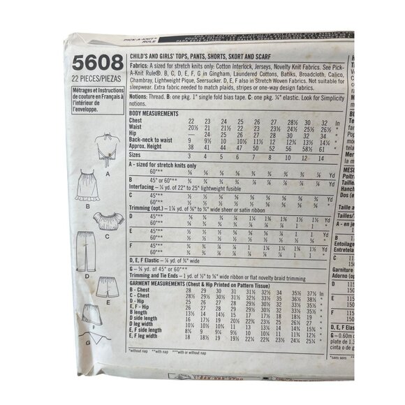 Simplicity Sewing Pattern 5608 Girls Tops Pants Shorts Skort Scarf  Sizes 3-6 - Picture 2 of 2